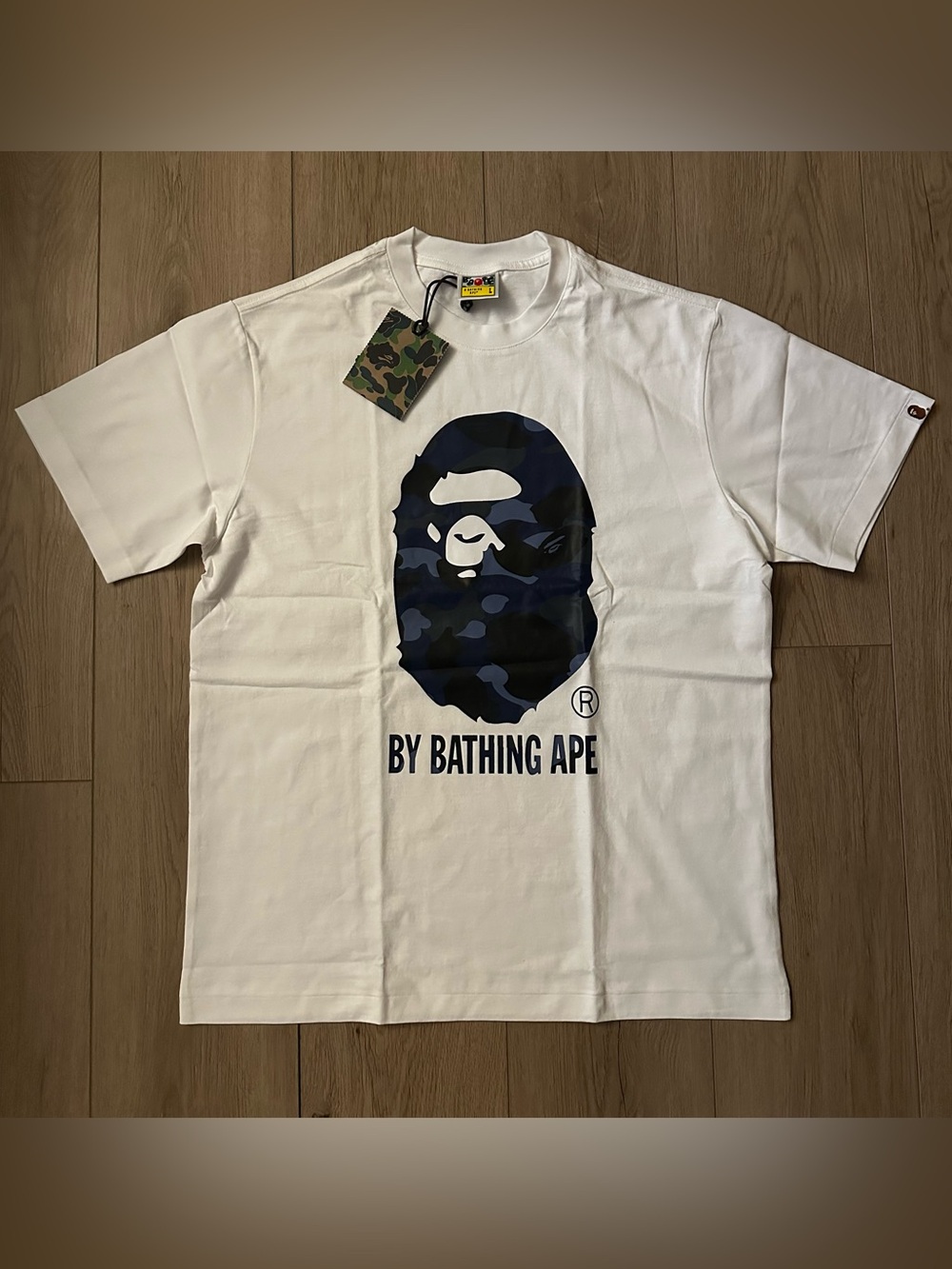 Bape White Tee with Navy Camo Ape Head